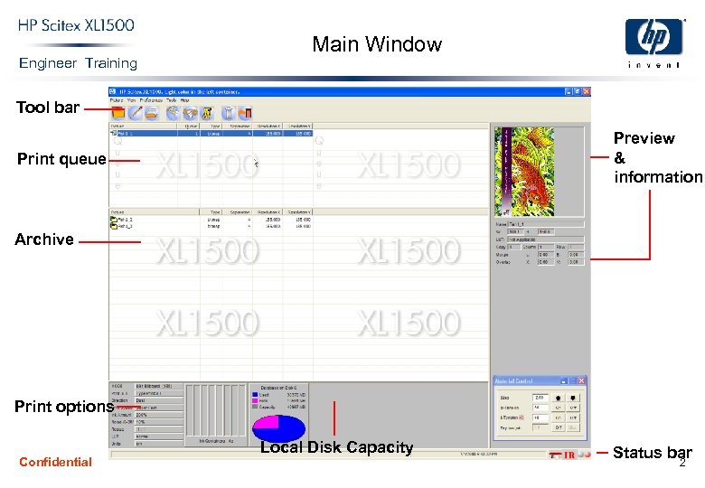 Engineer Training Main Window Tool bar Preview & information Print queue Archive Print options
