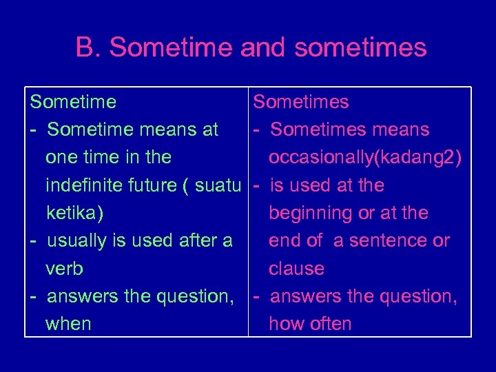 B. Sometime and sometimes Sometime - Sometime means at one time in the indefinite