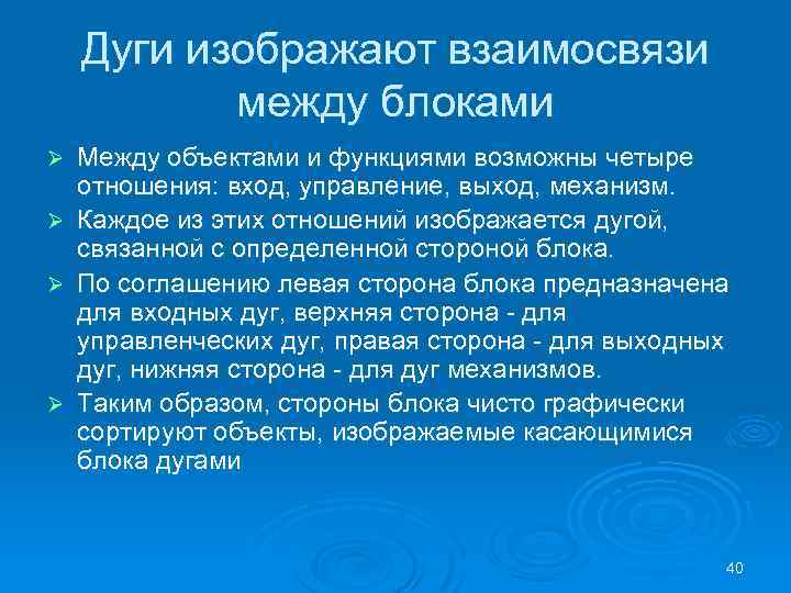 Дуги изображают взаимосвязи между блоками Ø Ø Между объектами и функциями возможны четыре отношения: