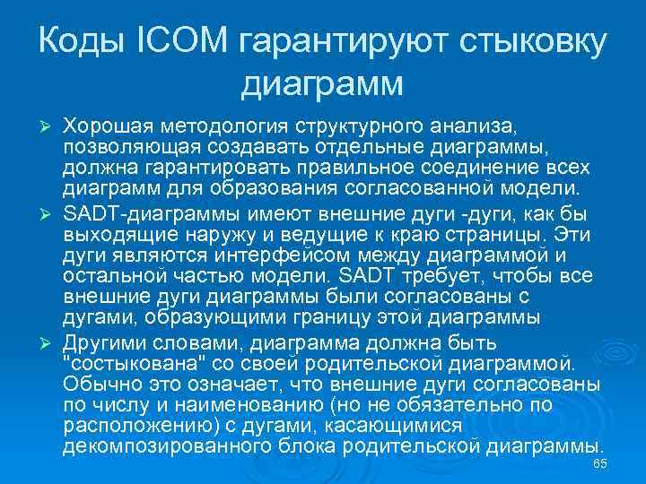 Коды ICOM гарантируют стыковку диаграмм Хорошая методология структурного анализа, позволяющая создавать отдельные диаграммы, должна