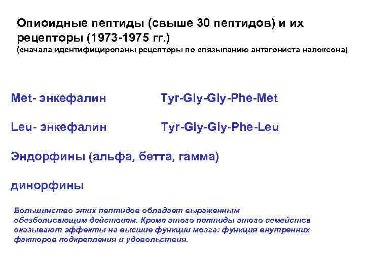 Опиоидные пептиды (свыше 30 пептидов) и их рецепторы (1973 -1975 гг. ) (сначала идентифицированы