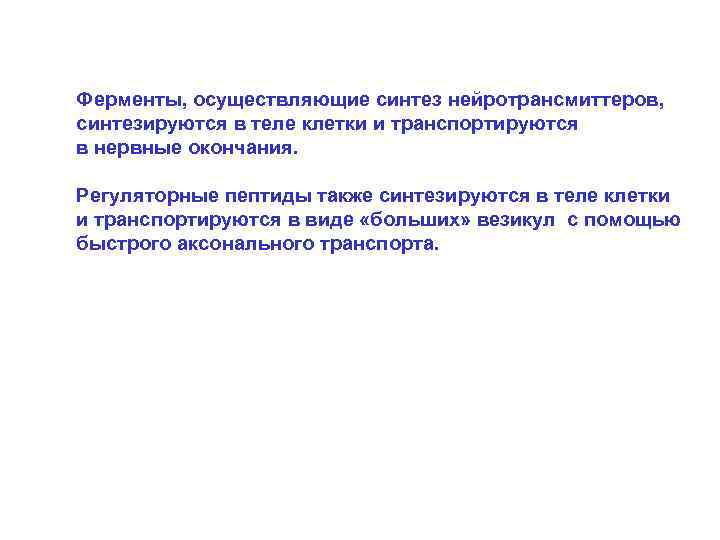 Ферменты, осуществляющие синтез нейротрансмиттеров, синтезируются в теле клетки и транспортируются в нервные окончания. Регуляторные