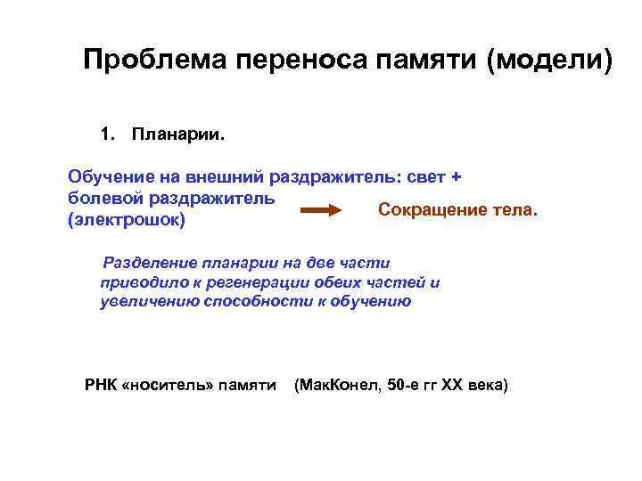 Проблема переноса памяти (модели) 1. Планарии. Обучение на внешний раздражитель: свет + болевой раздражитель