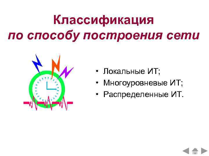 Классификация по способу построения сети • Локальные ИТ; • Многоуровневые ИТ; • Распределенные ИТ.