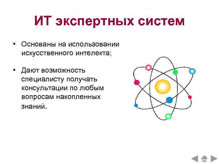 ИТ экспертных систем • Основаны на использовании искусственного интелекта; • Дают возможность специалисту получать