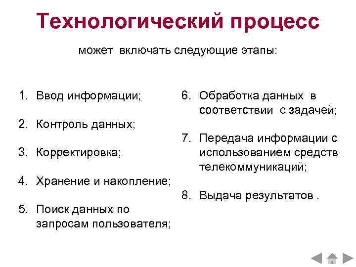 Технологический процесс может включать следующие этапы: 1. Ввод информации; 6. Обработка данных в соответствии