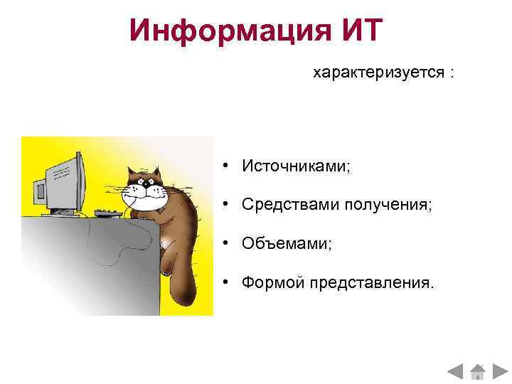 Информация ИТ характеризуется : • Источниками; • Средствами получения; • Объемами; • Формой представления.