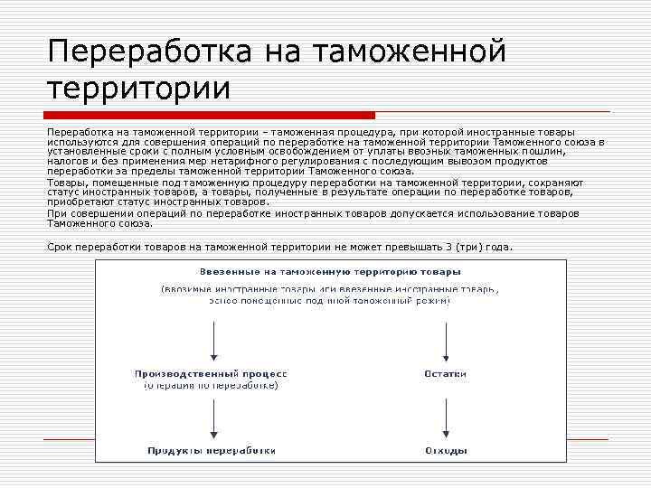 Переработка на таможенной территории – таможенная процедура, при которой иностранные товары используются для совершения