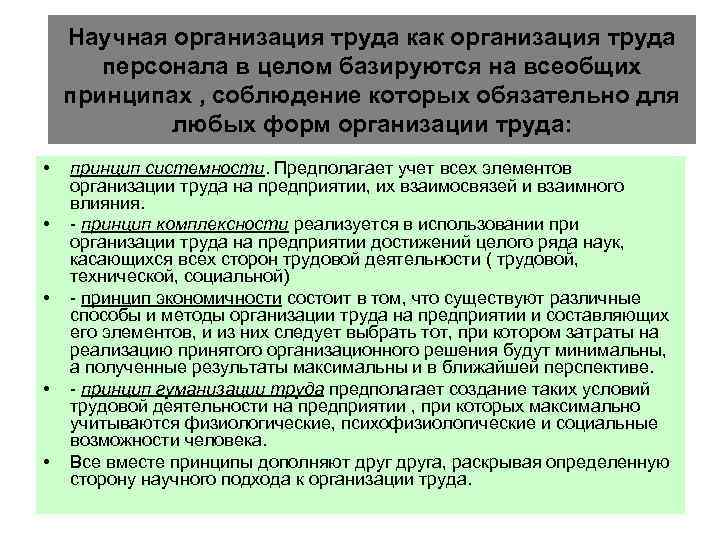 Научная организация труда как организация труда персонала в целом базируются на всеобщих принципах ,
