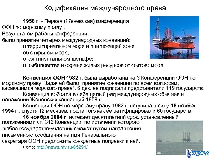 Кодификация международного права 1958 г. - Первая (Женевская) конференция ООН по морскому праву. Результатом