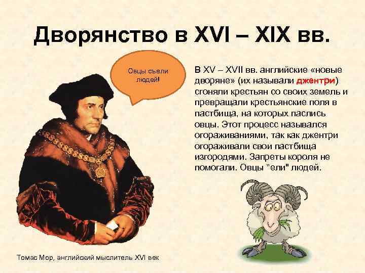 Дворянство в XVI – XIX вв. Овцы съели людей! Томас Мор, английский мыслитель XVI