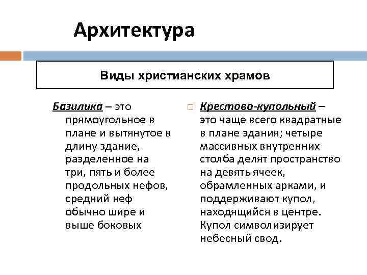 Архитектура Виды христианских храмов Базилика – это прямоугольное в плане и вытянутое в длину