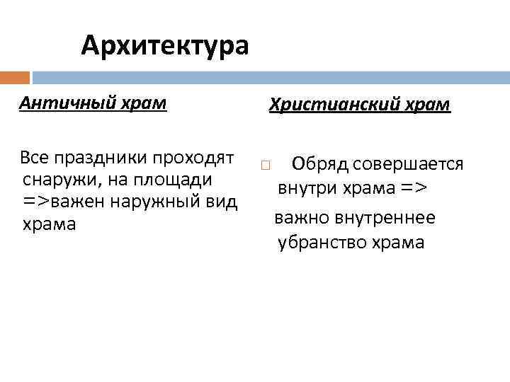 Архитектура Античный храм Все праздники проходят снаружи, на площади =>важен наружный вид храма Христианский