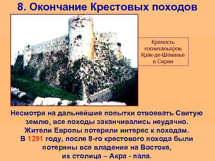 8. Окончание Крестовых походов Крепость госпитальеров Крак-де-Шевалье в Сирии Несмотря на дальнейшие попытки отвоевать