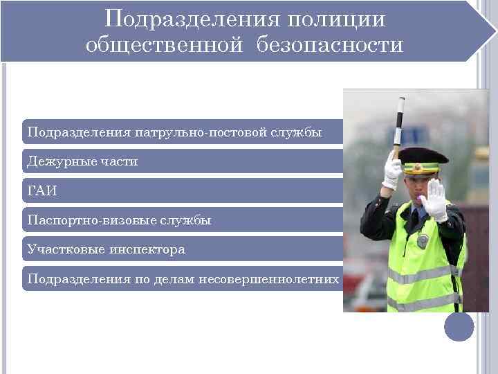 Подразделения полиции общественной безопасности Подразделения патрульно-постовой службы Дежурные части ГАИ Паспортно-визовые службы Участковые инспектора