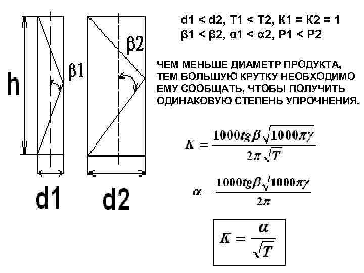 d 1 < d 2, Т 1 < Т 2, К 1 = К
