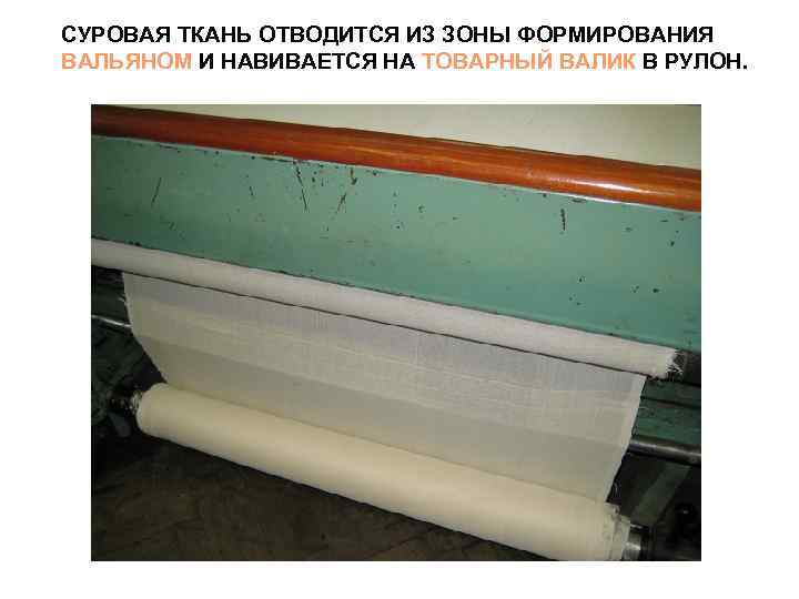 СУРОВАЯ ТКАНЬ ОТВОДИТСЯ ИЗ ЗОНЫ ФОРМИРОВАНИЯ ВАЛЬЯНОМ И НАВИВАЕТСЯ НА ТОВАРНЫЙ ВАЛИК В РУЛОН.