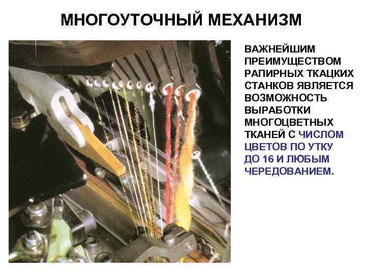 МНОГОУТОЧНЫЙ МЕХАНИЗМ ВАЖНЕЙШИМ ПРЕИМУЩЕСТВОМ РАПИРНЫХ ТКАЦКИХ СТАНКОВ ЯВЛЯЕТСЯ ВОЗМОЖНОСТЬ ВЫРАБОТКИ МНОГОЦВЕТНЫХ ТКАНЕЙ С ЧИСЛОМ