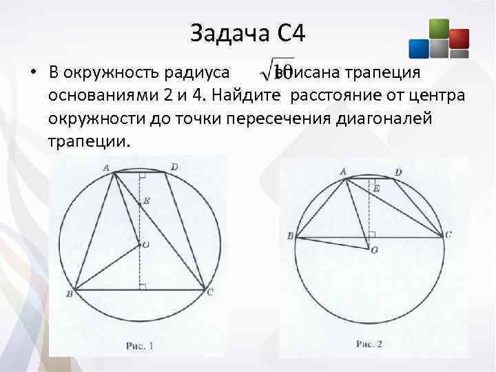 Задача С 4 • В окружность радиуса вписана трапеция основаниями 2 и 4. Найдите