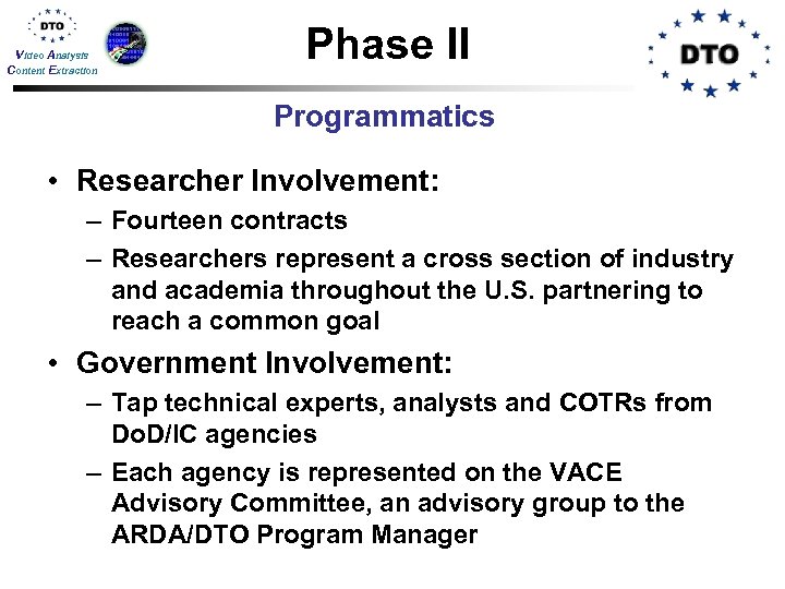 Video Analysis Content Extraction Phase II Programmatics • Researcher Involvement: – Fourteen contracts –
