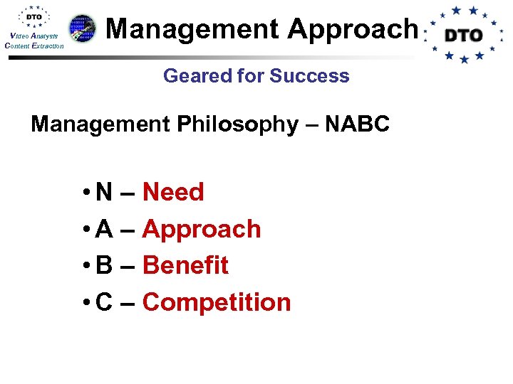 Video Analysis Content Extraction Management Approach Geared for Success Management Philosophy – NABC •