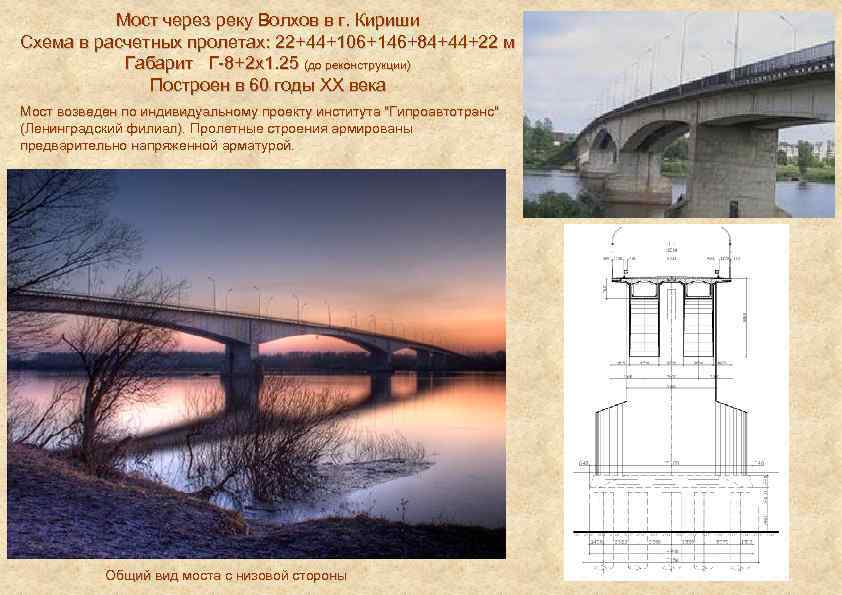 Мост через реку Волхов в г. Кириши Схема в расчетных пролетах: 22+44+106+146+84+44+22 м Габарит