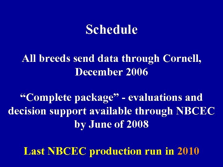 Schedule All breeds send data through Cornell, December 2006 “Complete package” - evaluations and
