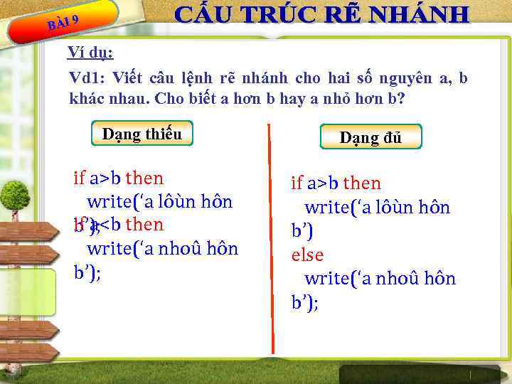 BÀI 9 Ví dụ: Vd 1: Viết câu lệnh rẽ nhánh cho hai số