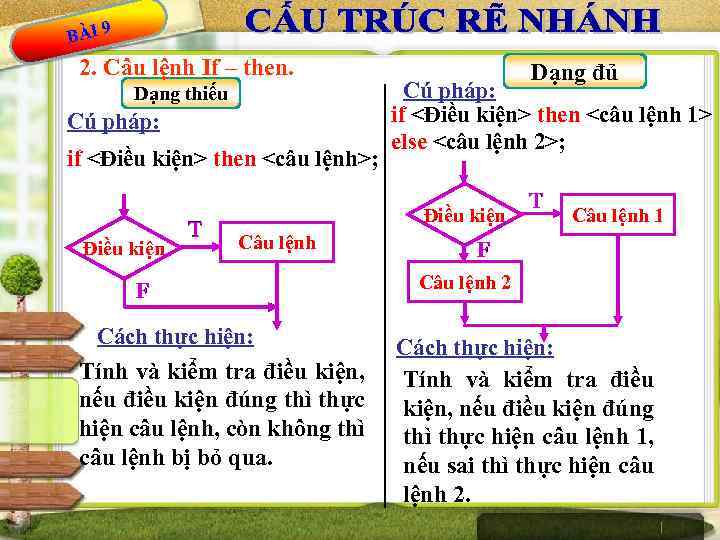 BÀI 9 2. Câu lệnh If – then. Dạng thiếu Cú pháp: if <Điều