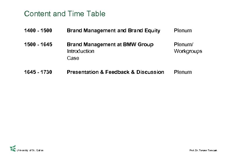 Content and Time Table 1400 - 1500 Brand Management and Brand Equity Plenum 1500