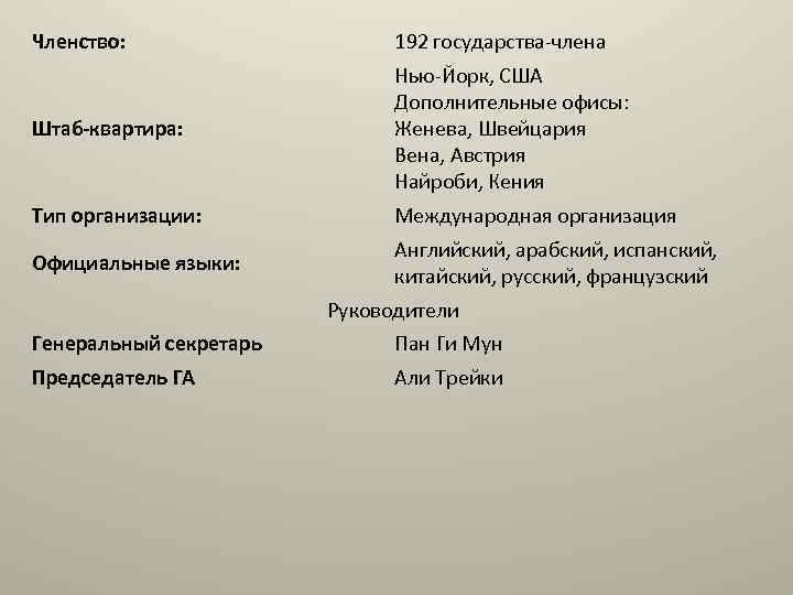 Членство: 192 государства-члена Штаб-квартира: Нью-Йорк, США Дополнительные офисы: Женева, Швейцария Вена, Австрия Найроби, Кения