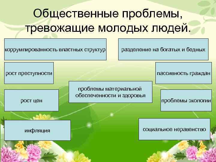 Общественные проблемы, тревожащие молодых людей. коррумпированность властных структур разделение на богатых и бедных рост