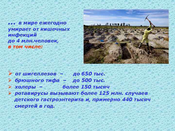 … в мире ежегодно умирает от кишечных инфекций до 4 млн. человек, в том