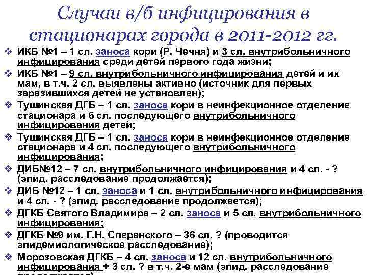 Случаи в/б инфицирования в стационарах города в 2011 -2012 гг. v ИКБ № 1