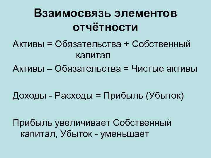 Взаимосвязь элементов отчётности Активы = Обязательства + Собственный капитал Активы – Обязательства = Чистые