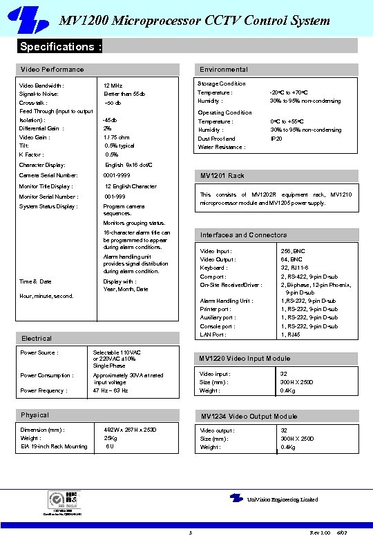 MV 1000 Microprocessor CCTV Control System MV 1200 Microprocessor CCTV Control System Specifications :