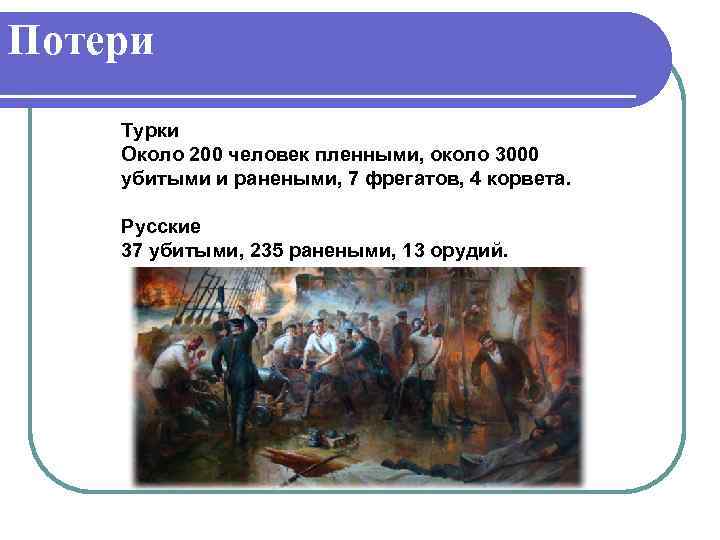 Потери Турки Около 200 человек пленными, около 3000 убитыми и ранеными, 7 фрегатов, 4