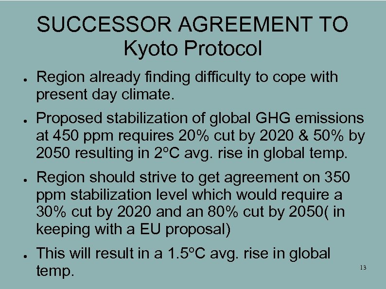 SUCCESSOR AGREEMENT TO Kyoto Protocol ● ● Region already finding difficulty to cope with