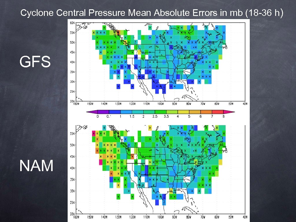 Cyclone Central Pressure Mean Absolute Errors in mb (18 -36 h) GFS NAM 