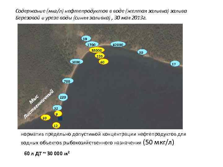 Содержание (мкг/л) нефтепродуктов в воде (желтая заливка) залива Березовой и урезе воды (синяя заливка)