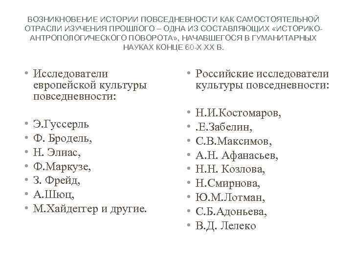 ВОЗНИКНОВЕНИЕ ИСТОРИИ ПОВСЕДНЕВНОСТИ КАК САМОСТОЯТЕЛЬНОЙ ОТРАСЛИ ИЗУЧЕНИЯ ПРОШЛОГО – ОДНА ИЗ СОСТАВЛЯЮЩИХ «ИСТОРИКОАНТРОПОЛОГИЧЕСКОГО ПОВОРОТА»