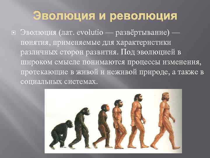 Эволюция и революция Эволюция (лат. evolutio — развёртывание) — понятия, применяемые для характеристики различных
