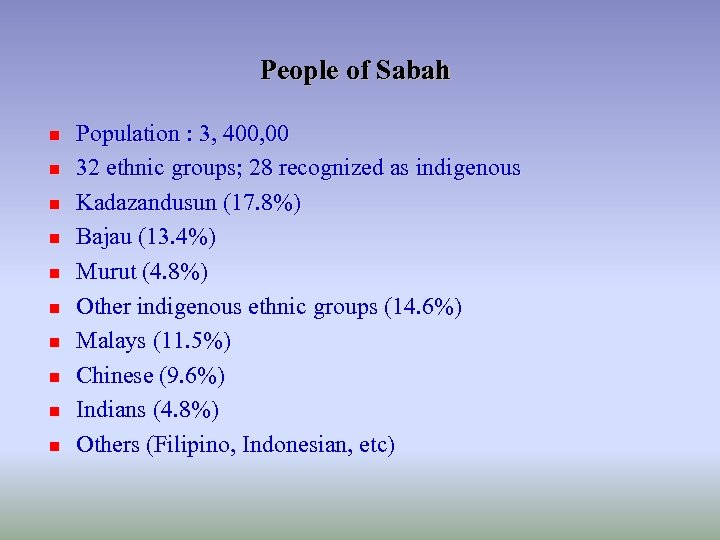 People of Sabah n n n n n Population : 3, 400, 00 32