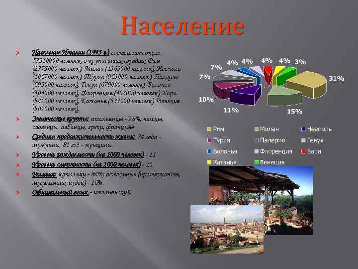Население Ø Ø Ø Ø Население Италии (1995 г. ) составляет около 57910000 человек,