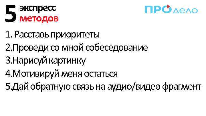 5 экспресс методов 1. Расставь приоритеты 2. Проведи со мной собеседование 3. Нарисуй картинку