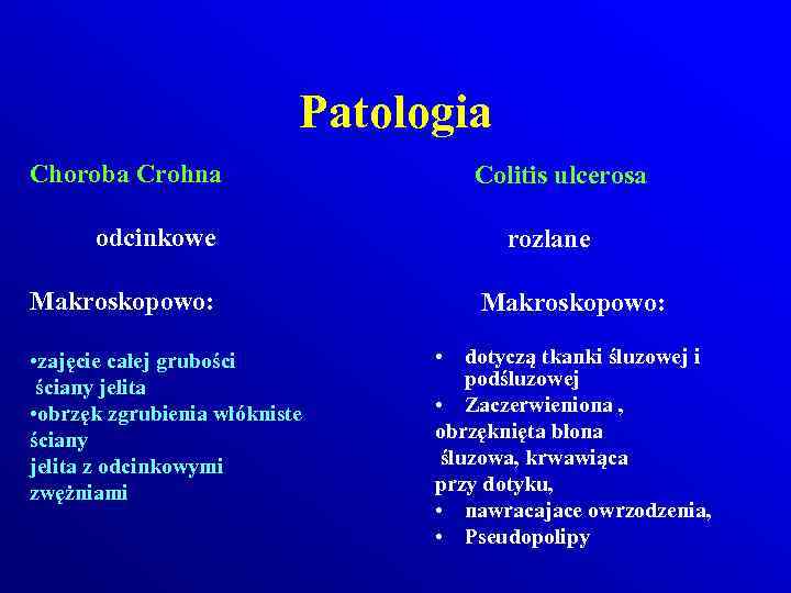 Patologia Choroba Crohna odcinkowe Makroskopowo: • zajęcie całej grubości ściany jelita • obrzęk zgrubienia