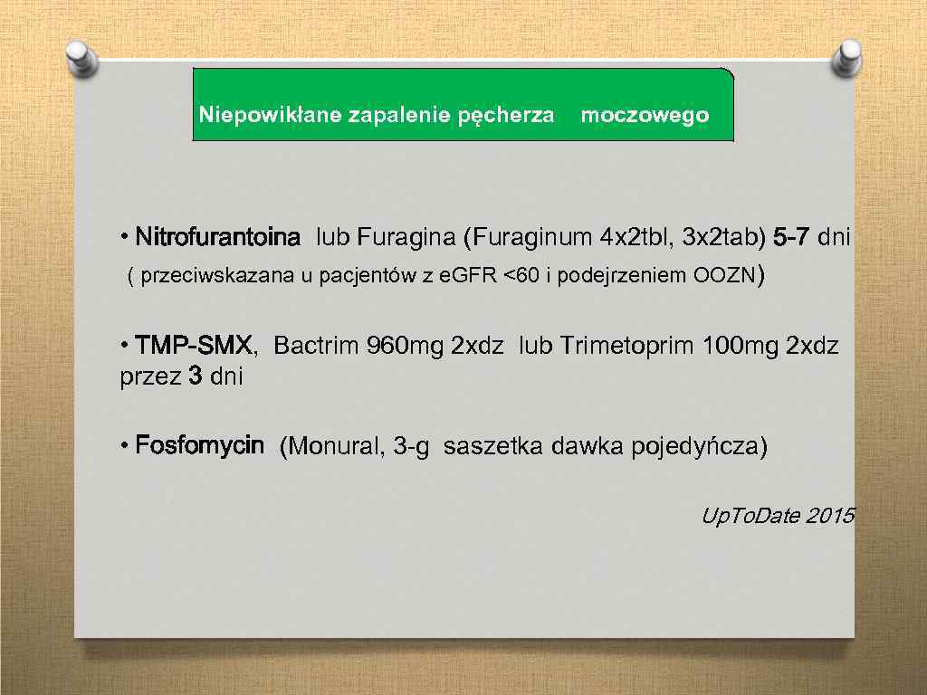 Niepowikłane zapalenie pęcherza moczowego • Nitrofurantoina lub Furagina (Furaginum 4 x 2 tbl, 3