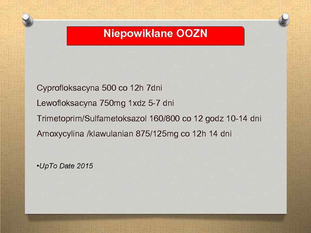 Niepowikłane OOZN Cyprofloksacyna 500 co 12 h 7 dni Lewofloksacyna 750 mg 1 xdz