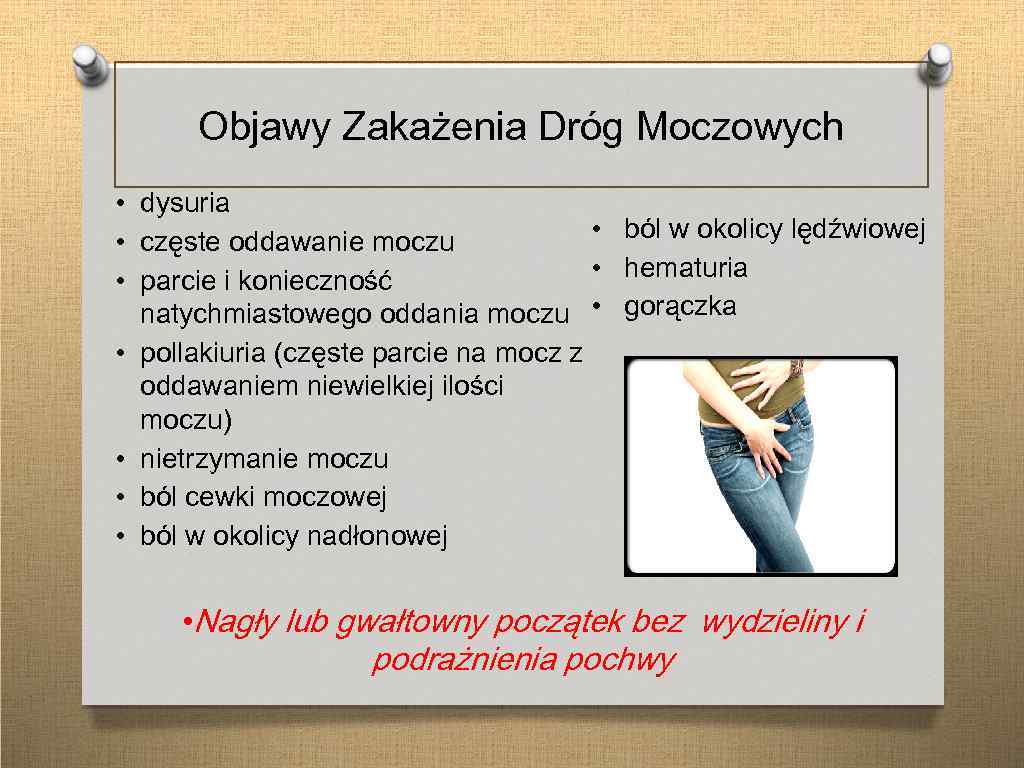 Objawy Zakażenia Dróg Moczowych • dysuria • ból w okolicy lędźwiowej • częste oddawanie