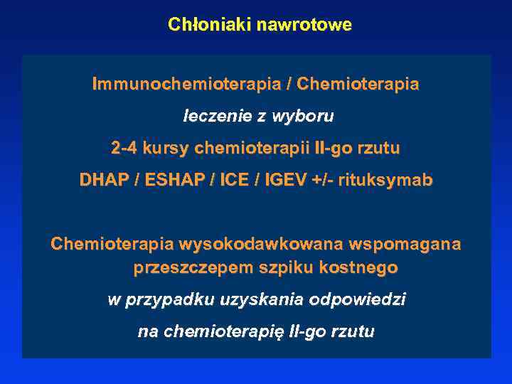 Chłoniaki nawrotowe Immunochemioterapia / Chemioterapia leczenie z wyboru 2 -4 kursy chemioterapii II-go rzutu